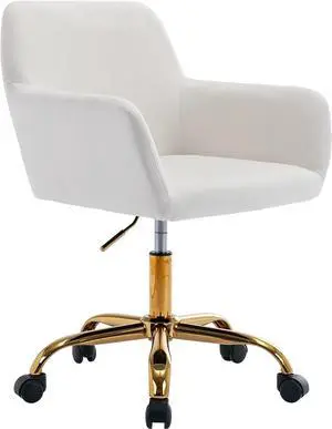 KCC Velvet Office Desk Chair, Comfy Swivel Modern Leisure Armchair with Wheels, Upholstered Comfy Velvet Fabric Makeup Chair Height Adjustable for Teens Women Girls Elegant Home Office, White