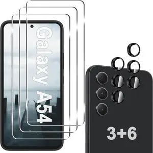 [3+6 Pack] Screen Protector for Samsung Galaxy A54 5G, 3 Pack HD Tempered Glass Screen Protector + 6 Pack Camera Lens Protector, 9H Hardness, Anti-Scratch, Easy Installation, Bubble Free