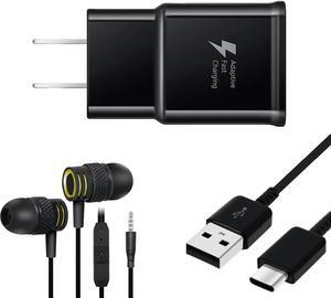 OEM EP-TA20JBEUGUS 15W Adaptive Fast Wall Charger for Samsung Galaxy A12 Includes Fast Charging 6FT USB Type C Charging Cable, and 3.5mm Earphone with Mic  3 Items Bundle - Black