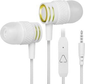 UrbanX R2 Wired in-Ear Headphones with Mic for Samsung Galaxy A21 with Tangle-Free Cord, Noise Isolating Earphones, Deep Bass, in-Ear Bud Silicone Tips - White