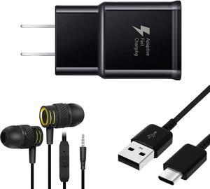 Adaptive Fast Charging Wall Charger Adapter for Samsung Galaxy S9 S8 S9 Plus Note 9 - Bundled with UrbanX Type C Cable Cord - 10ft (3m) & R2 Stereo Headphones - Fast Charging Kit  - Black