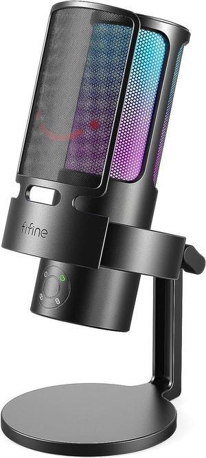 FIFINE Gaming USB Microphone, PC Computer Mic with 4 Polar Patterns for Podcast Streaming Recording YouTube, RGB Condenser Desktop Mic for PS4, Mac, with Headphone Jack-AmpliGame A8 Plus