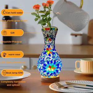 WELLHOME Mosaic Vase Floor Lamp Colorful Handmade Glass with Wood Base USB Powered for Living Room or Bedroom Decor Suitable as a gift