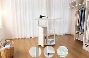 WELLHOME Rolling Ironing Board with Storage Cabinet, Wooden Ironing Cabinet with Wheels, Ironing Board with Storage Shelves, Ironing Station with Iron Rack