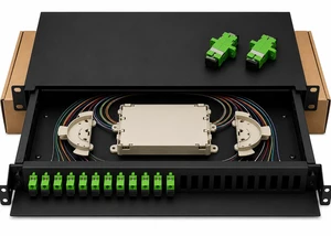 12 Port SC/APC Fiber Optic Patch Panel with Splice Tray and 12 Green Adapters, 1U 19 inch Rack Mount 12 Port SC/APC Fiber Optic Patch Panel with Splice Tray and 12 Green Adapters, 1U 19 inch Rack Mount