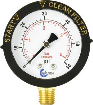 CARBO Instruments Water Pressure Gauge for Swimming Pool Filter, Spa, Aquarium, Well, Air, Oil, Gas  60psi Plumbing Clean Filter Indicator with Dual Display & 1/4" NPT Brass Lower Connection