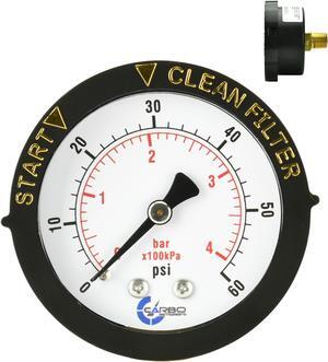 CARBO Instruments Water Pressure Gauge for Swimming Pool Filter, Spa, Aquarium, Well, Air, Oil, Gas  60 psi Plumbing Clean Filter Indicator with Dual Display & 1/4" NPT Brass Back Connection