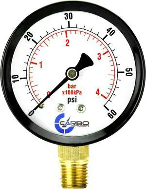 CARBO Instruments Water Pressure Gauge for Swimming Pool Filter, Spa, Aquarium, Well, Air, Oil, Gas  60 psi Plumbing Clean Filter with Dual Display & 1/4" NPT Brass Lower Connection