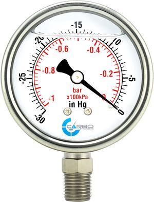 CARBO Instruments Stainless Steel Pressure Gauge Dual Display (-30 Hg/0 psi/kPa) -2 1-2" Glycerine Liquid Filled Water Air Oil Gas Gauge with Polycarbonate Lens & Brass Connection-1/4" NPT Lower Mount