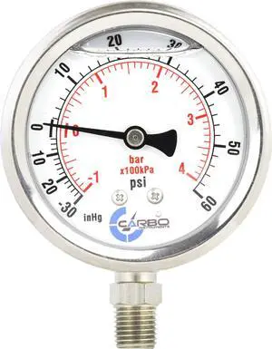 CARBO Instruments Stainless Steel Pressure Gauge Dual Display (-30 Hg - 0-60 psi/kPa) - 2 1-2" Glycerine Liquid Filled Water Air Oil Gas Gauge with Polycarbonate Lens - Compound Vacuum - 1/4" NPT