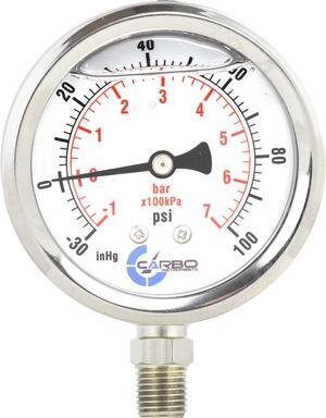 CARBO Instruments Stainless Steel Pressure Gauge Dual Display (-30 / 0 / +100 inHg/psi/kPa) - 2 1-2" Glycerine Liquid Filled Water Air Oil Gas Gauge with Polycarbonate Lens - Compound Vacuum -1/4" NPT