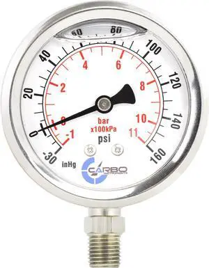 CARBO Instruments Stainless Steel Pressure Gauge Dual Display (-30 Hg - 0-160 psi/kPa) - 2 1-2" Glycerine Liquid Filled Water Air Oil Gas Gauge with Polycarbonate Lens - Compound Vacuum - 1/4" NPT