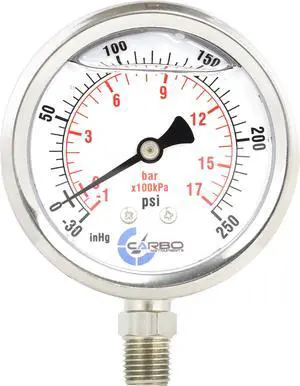 CARBO Instruments Stainless Steel Pressure Gauge Dual Display (-30 Hg - 0-250 psi/kPa) - 2 1-2" Glycerine Liquid Filled Water Air Oil Gas Gauge with Polycarbonate Lens - Compound Vacuum - 1/4" NPT