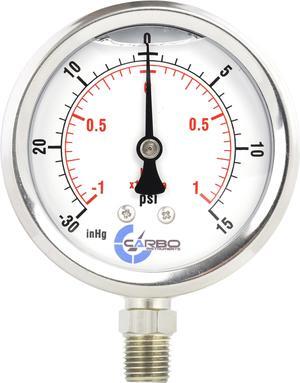 CARBO Instruments Stainless Steel Pressure Gauge Dual Display (-30/0 / +15 inHg/psi) - 2 1-2" Glycerine Liquid Filled Water Air Oil Gas Gauge with Polycarbonate Lens & Brass Connection - 1/4" NPT