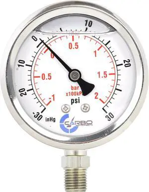 CARBO Instruments Stainless Steel Pressure Gauge Dual Display (-30 Hg - 0-30 psi/kPa) - 2 1-2" Glycerine Liquid Filled Water Air Oil Gas Gauge with Polycarbonate Lens & Brass Connection - 1/4" NPT