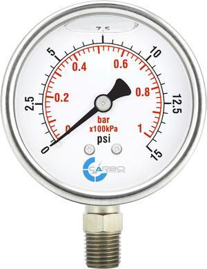 CARBO Instruments Stainless Steel Pressure Gauge Dual Display (0-15 psi/kPa) - 2 1-2" Glycerine Liquid Filled Water Air Oil Gas Gauge with Polycarbonate Lens & Brass Connection - 1/4" NPT