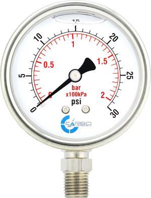 CARBO Instruments Stainless Steel Pressure Gauge Dual Display (0-30 psi/kPa) - 2 1-2" Glycerine Liquid Filled Water Air Oil Gas Gauge with Polycarbonate Lens & Brass Connection - 1/4" NPT Lower Mount