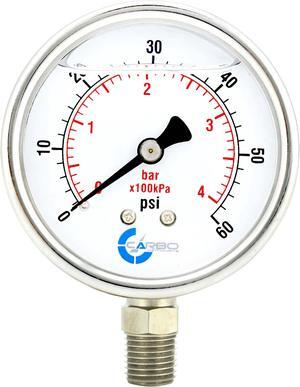 CARBO Instruments Stainless Steel Pressure Gauge Dual Display (0-60 psi/kPa) - 2 1-2" Glycerine Liquid Filled Water Air Oil Gas Gauge with Polycarbonate Lens & Brass Connection - 1/4" NPT Lower Mount