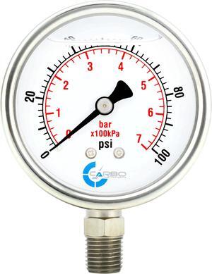 CARBO Instruments Stainless Steel Pressure Gauge Dual Display (0-100 psi/kPa) - 2 1-2" Glycerine Liquid Filled Water Air Oil Gas Gauge with Polycarbonate Lens & Brass Connection - 1/4" NPT Lower Mount