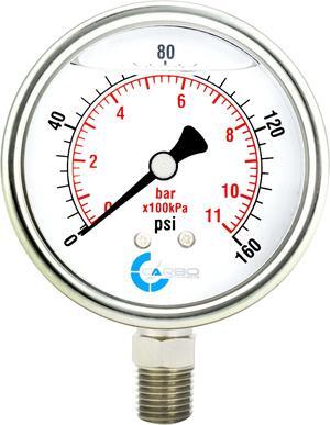 CARBO Instruments Stainless Steel Pressure Gauge Dual Display (0-160 psi/kPa) - 2 1-2" Glycerine Liquid Filled Water Air Oil Gas Gauge with Polycarbonate Lens & Brass Connection - 1/4" NPT Lower Mount