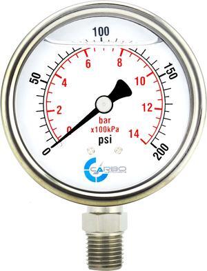 CARBO Instruments Stainless Steel Pressure Gauge Dual Display (0-200 psi/kPa) - 2 1-2" Glycerine Liquid Filled Water Air Oil Gas Gauge with Polycarbonate Lens & Brass Connection - 1/4" NPT Lower Mount