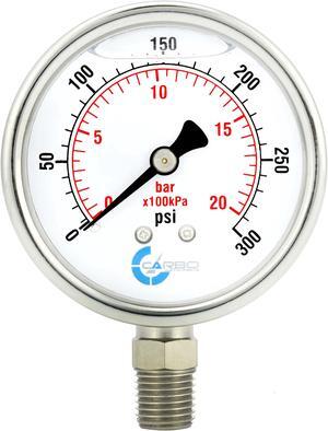 CARBO Instruments Stainless Steel Pressure Gauge Dual Display (0-300 psi/kPa) - 2 1-2" Glycerine Liquid Filled Water Air Oil Gas Gauge with Polycarbonate Lens & Brass Connection - 1/4" NPT Lower Mount