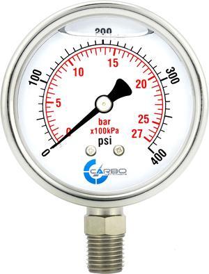 CARBO Instruments Stainless Steel Pressure Gauge Dual Display (0-400 psi/kPa) - 2 1-2" Glycerine Liquid Filled Water Air Oil Gas Gauge with Polycarbonate Lens & Brass Connection - 1/4" NPT Lower Mount