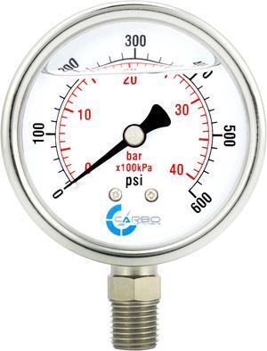 CARBO Instruments Stainless Steel Pressure Gauge Dual Display (0-600 psi/kPa) - 2 1-2" Glycerine Liquid Filled Water Air Oil Gas Gauge with Polycarbonate Lens & Brass Connection - 1/4" NPT Lower Mount