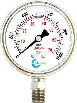 CARBO Instruments Stainless Steel Pressure Gauge Dual Display (0-1000 psi/kPa) - 2 1-2" Glycerine Liquid Filled Water Air Oil Gas Gauge with Polycarbonate Lens & Brass Connection -1/4" NPT Lower Mount