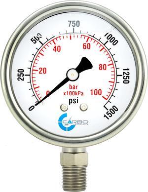 CARBO Instruments Stainless Steel Pressure Gauge Dual Display (0-1500 psi /kPa) - 2 1-2" Glycerine Liquid Filled Water Air Oil Gas Gauge with Polycarbonate Lens & Brass Connection-1/4" NPT Lower Mount