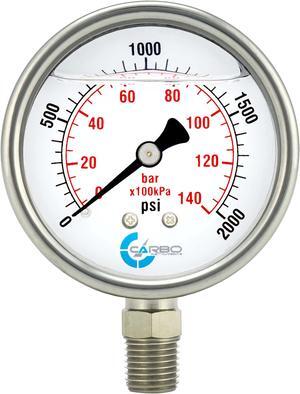 CARBO Instruments Stainless Steel Pressure Gauge Dual Display (0-2000 psi/kPa) - 2 1-2" Glycerine Liquid Filled Water Air Oil Gas Gauge with Polycarbonate Lens & Brass Connection -1/4" NPT Lower Mount
