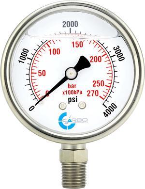CARBO Instruments Stainless Steel Pressure Gauge Dual Display (0-4000 psi/kPa) - 2 1-2" Glycerine Liquid Filled Water Air Oil Gas Gauge with Polycarbonate Lens & Brass Connection- 1/4" NPT Lower Mount