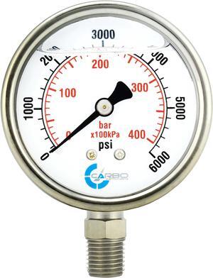 CARBO Instruments Stainless Steel Pressure Gauge Dual Display (0-6000 psi/kPa) - 2 1-2" Glycerine Liquid Filled Water Air Oil Gas Gauge with Polycarbonate Lens & Brass Connection -1/4" NPT Lower Mount