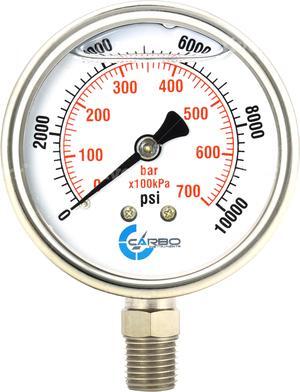 CARBO Instruments Stainless Steel Pressure Gauge Dual Display (10000 psi/kPa) - 2 1-2" Glycerine Liquid Filled Water Air Oil Gas Gauge with Polycarbonate Lens & Brass Connection - 1/4" NPT Lower Mount