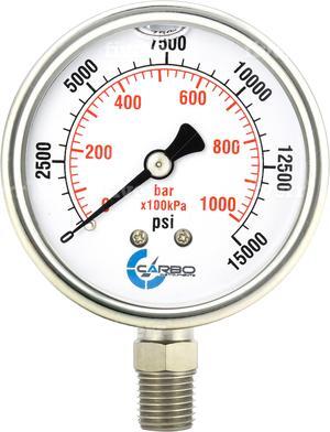 CARBO Instruments Stainless Steel Pressure Gauge Dual Display (15000 psi /kPa) - 2 1-2" Glycerine Liquid Filled Water Air Oil Gas Gauge with Polycarbonate Lens & Brass Connection -1/4" NPT Lower Mount