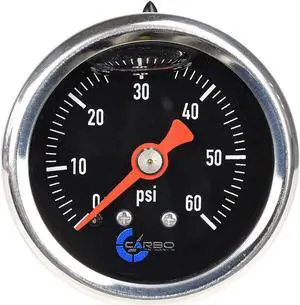 CARBO Instruments 1-1/2" Fuel Pressure Gauge, Stainless Steel Case 304, Chrome Plated Brass Connection, Glycerin Filled, 0-60 Psi, Accuracy 3-2-3%, Back Mount 1/8" NPT Black Dial