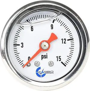 CARBO Instruments 1-1/2" Fuel Pressure Gauge, Stainless Steel Case 304, Chrome Plated Brass Connection, Glycerin Filled, 0-15 Psi, Accuracy 3-2-3%, Back Mount 1/8" NPT