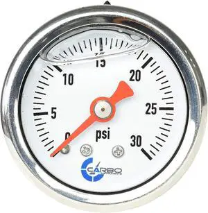 CARBO Instruments 1-1/2" Fuel Pressure Gauge, Stainless Steel Case 304, Chrome Plated Brass Connection, Glycerin Filled, 0-30 Psi, Accuracy 3-2-3%, Back Mount 1/8" NPT