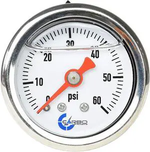CARBO Instruments 1-1/2" Fuel Pressure Gauge, Stainless Steel Case 304, Chrome Plated Brass Connection, Glycerin Filled, 0-60 Psi, Accuracy 3-2-3%, Back Mount 1/8" NPT