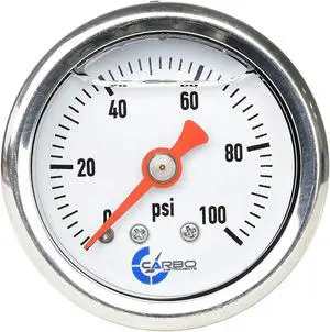 CARBO Instruments 1-1/2" Fuel Pressure Gauge, Stainless Steel Case 304, Chrome Plated Brass Connection, Glycerin Filled, 0-100 Psi, Accuracy 3-2-3%, Back Mount 1/8" NPT