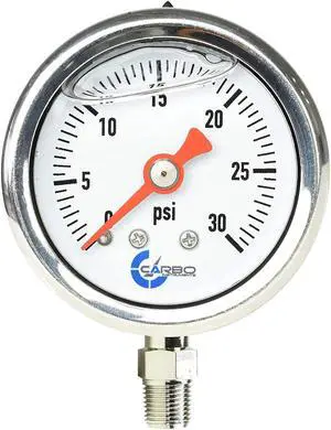 CARBO Instruments 1-1/2" Fuel Pressure Gauge, Stainless Steel Case 304, Chrome Plated Brass Connection, Glycerin Filled, 0-30 Psi, Accuracy 3-2-3%, Lower Mount 1/8" NPT
