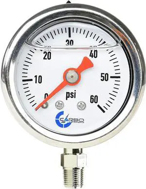 CARBO Instruments 1-1/2" Fuel Pressure Gauge, Stainless Steel Case 304, Chrome Plated Brass Connection, Glycerin Filled, 0-60 Psi, Accuracy 3-2-3%, Lower Mount 1/8" NPT
