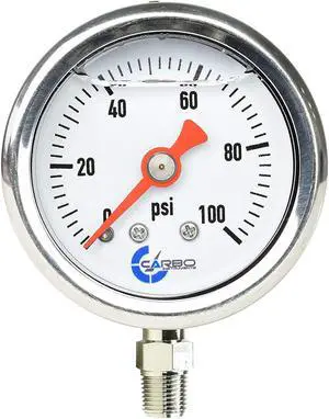 CARBO Instruments 1-1/2" Fuel Pressure Gauge, Stainless Steel Case 304, Chrome Plated Brass Connection, Glycerin Filled, 0-100 Psi, Accuracy 3-2-3%, Lower Mount 1/8" NPT