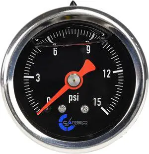CARBO Instruments 1-1/2" Fuel Pressure Gauge, Stainless Steel Case 304, Chrome Plated Brass Connection, Glycerin Filled, 0-15 Psi, Accuracy 3-2-3%, Back Mount 1/8" NPT Black Dial