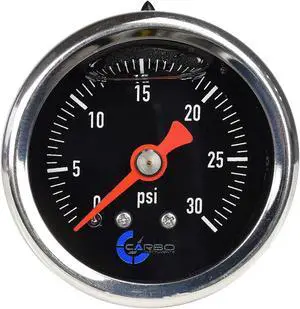 CARBO Instruments 1-1/2" Fuel Pressure Gauge, Stainless Steel Case 304, Chrome Plated Brass Connection, Glycerin Filled, 0-30 Psi, Accuracy 3-2-3%, Back Mount 1/8" NPT Black Dial
