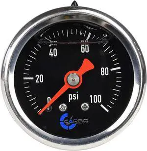 CARBO Instruments 1-1/2" Fuel Pressure Gauge, Stainless Steel Case 304, Chrome Plated Brass Connection, Glycerin Filled, 0-100 Psi, Accuracy 3-2-3%, Back Mount 1/8" NPT Black Dial