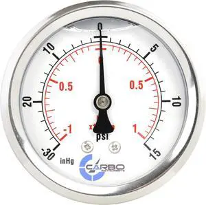 CARBO Instruments 2 1-2" Pressure Gauge, Stainless Steel Case, Chrome Plated Brass Connection, Liquid Filled, Compound Vacuum -30 Hg - 0-15 psi Back Mount 1/4" NPT