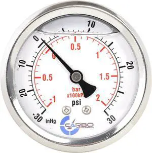 CARBO Instruments 2 1-2" Pressure Gauge, Stainless Steel Case, Chrome Plated Brass Connection, Liquid Filled, Compound Vacuum -30 Hg - 0-30 psi Back Mount 1/4" NPT