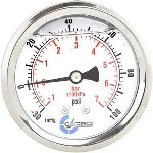 CARBO Instruments 2 1-2" Pressure Gauge, Stainless Steel Case, Chrome Plated Brass Connection, Liquid Filled, Compound Vacuum -30 Hg - 0-100 psi Back Mount 1/4" NPT