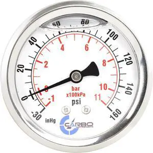 CARBO Instruments 2 1-2" Pressure Gauge, Stainless Steel Case, Chrome Plated Brass Connection, Liquid Filled, Compound Vacuum -30 Hg - 0-160 psi Back Mount 1/4" NPT